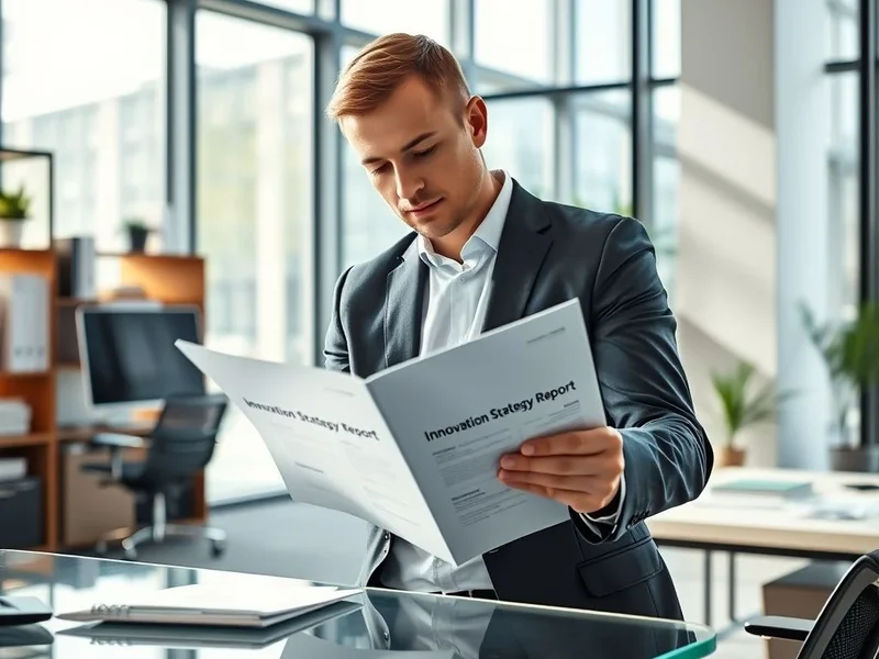 Изображение человека, изучающего чертеж или стратегический документ, с наложенным заголовком "Innovation Strategy Report".