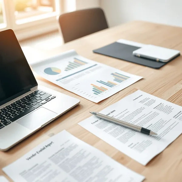 Immagine di un Vendor Evaluation Report analizzato su una scrivania con un laptop e dei documenti.