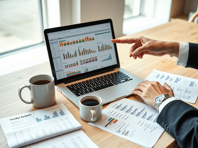 Hình ảnh một Vendor Evaluation Report đang được phân tích trên bàn làm việc với laptop và tài liệu.