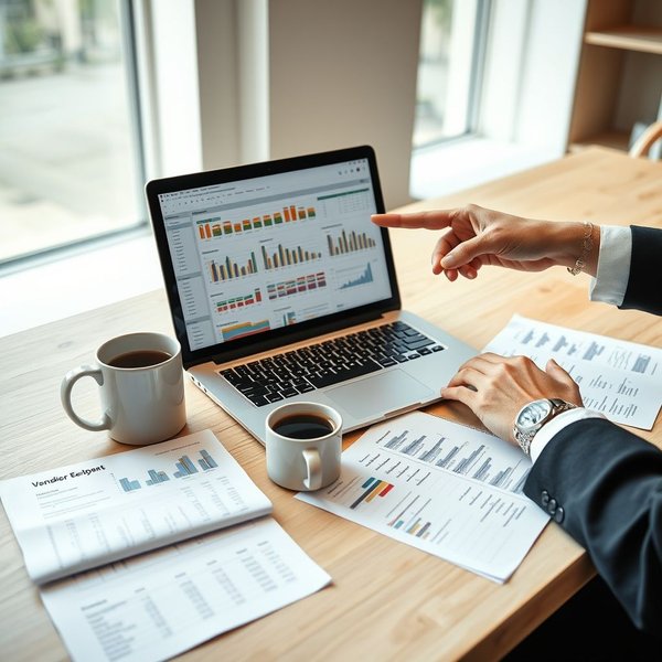 Hình ảnh một Vendor Evaluation Report đang được phân tích trên bàn làm việc với laptop và tài liệu.