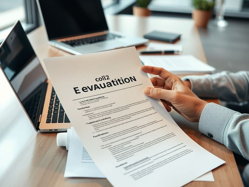 Bild eines Vendor Evaluation Report, der an einem Schreibtisch mit Laptop und Dokumenten analysiert wird.