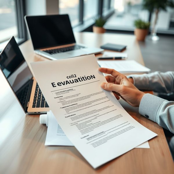 Bild eines Vendor Evaluation Report, der an einem Schreibtisch mit Laptop und Dokumenten analysiert wird.