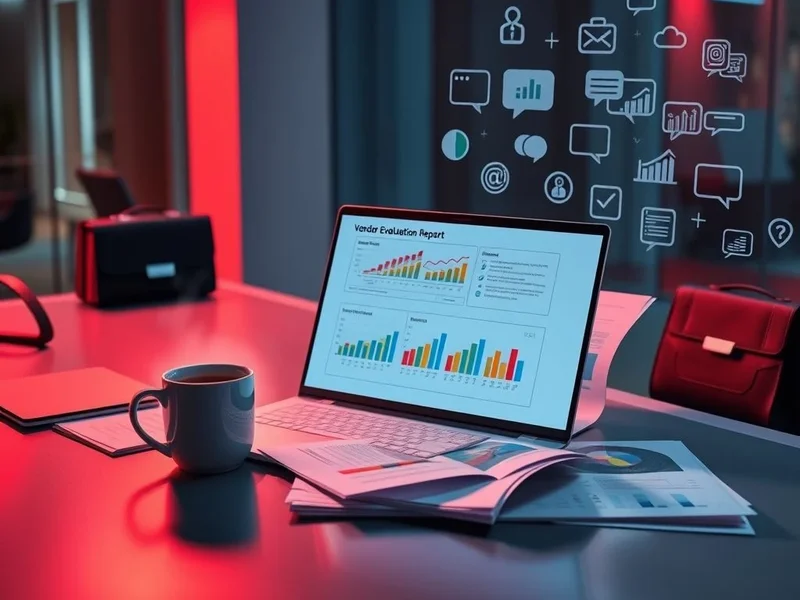 صورة تظهر تحليل Vendor Evaluation Report على مكتب مع كمبيوتر محمول ومستندات.