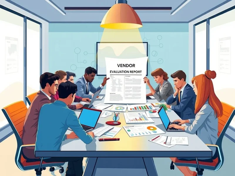 Image of a Vendor Evaluation Report being analyzed on a desk with a laptop and documents.