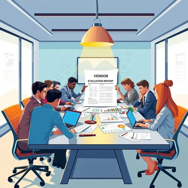 Image of a Vendor Evaluation Report being analyzed on a desk with a laptop and documents.