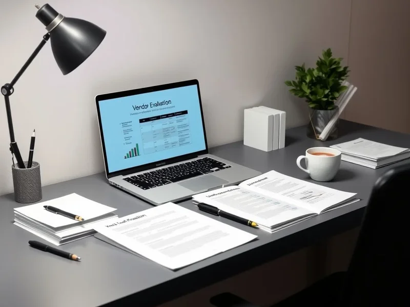 ノートパソコンと書類が置かれたデスクでVendor Evaluation Reportが分析されている画像。
