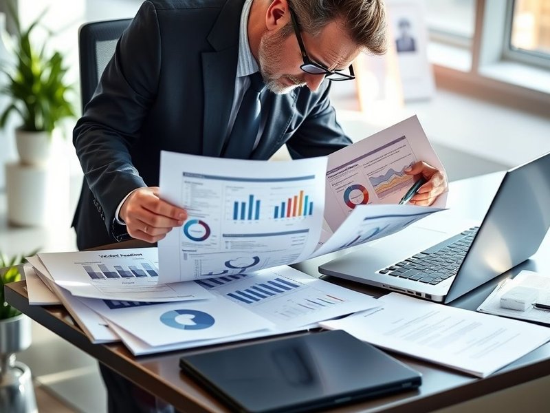 Image of a Vendor Evaluation Report being analyzed on a desk with a laptop and documents.