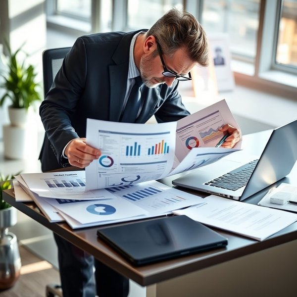 Image of a Vendor Evaluation Report being analyzed on a desk with a laptop and documents.