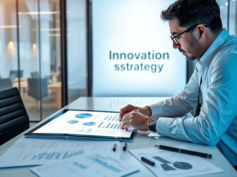 Image of a person looking at a blueprint or strategy document, with the title "Innovation Strategy Report" superimposed on it.