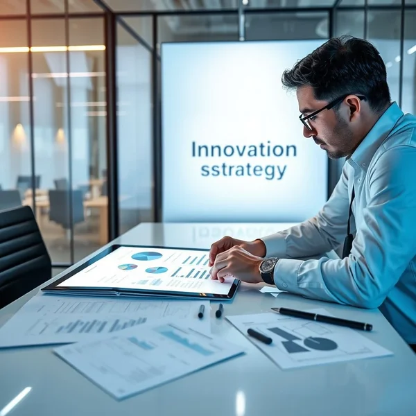 Image of a person looking at a blueprint or strategy document, with the title "Innovation Strategy Report" superimposed on it.