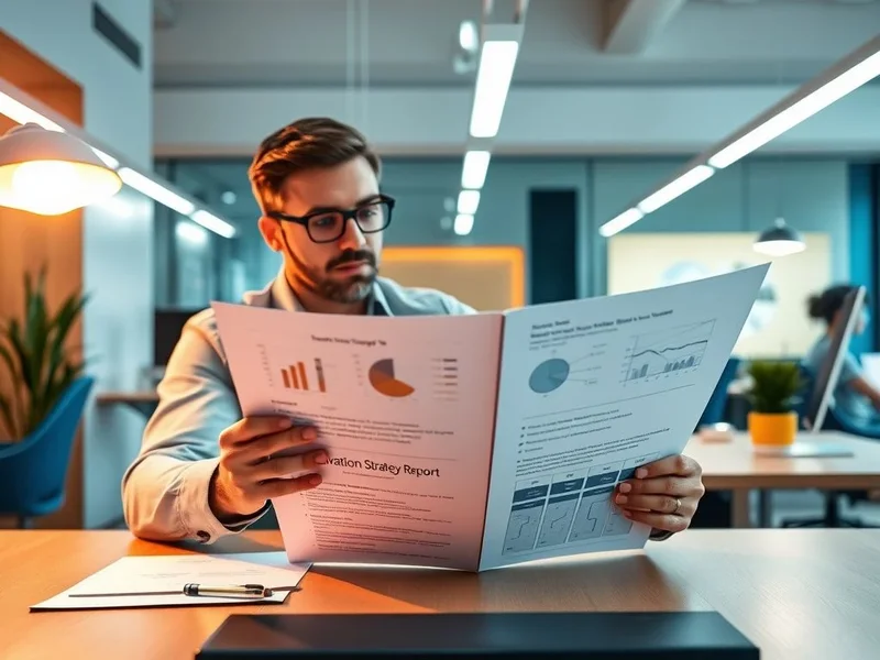 Afbeelding van een persoon die naar een blauwdruk of strategiedocument kijkt, met de titel "Innovation Strategy Report" eroverheen.