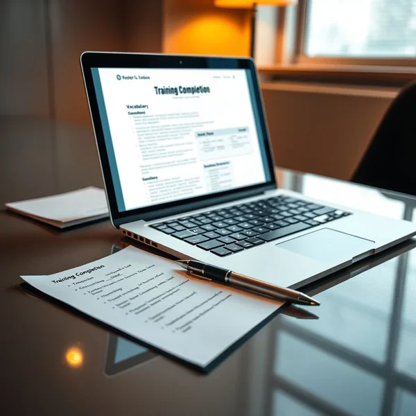Bild eines Training Completion Report, der auf einem Laptop überprüft wird