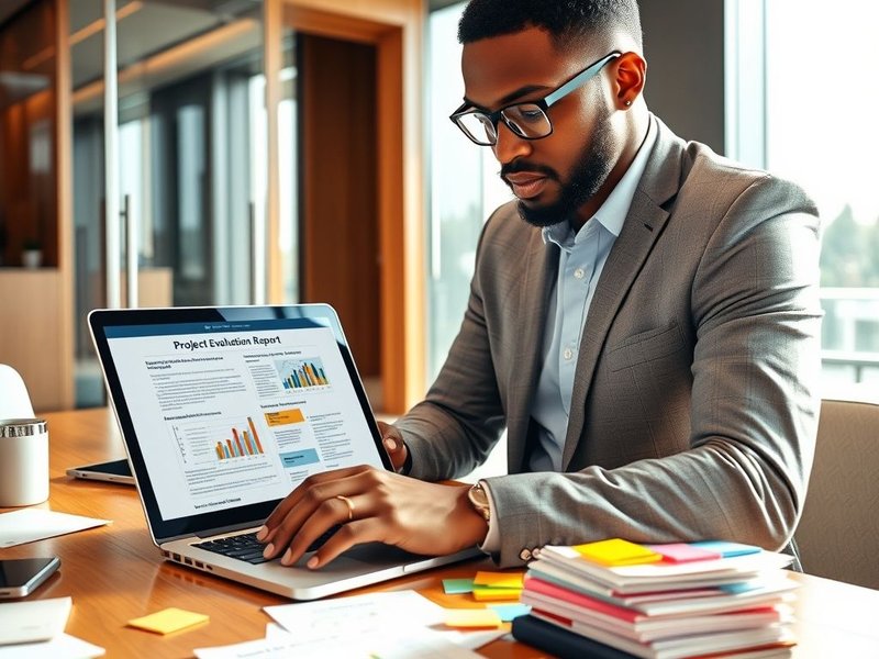 A professional analyzing a Project Evaluation Report on a laptop