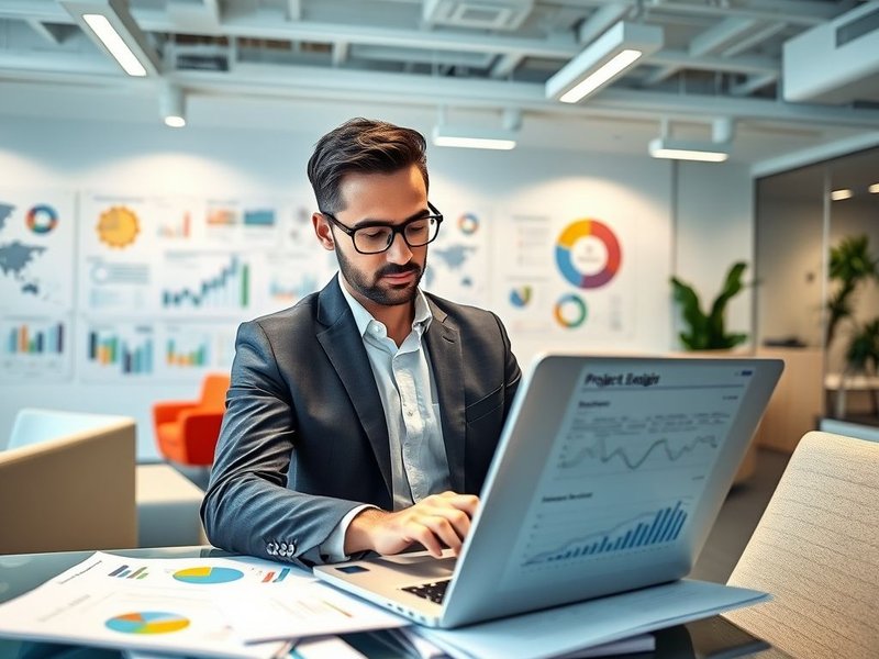 Un profesional analizando un Project Evaluation Report en una laptop