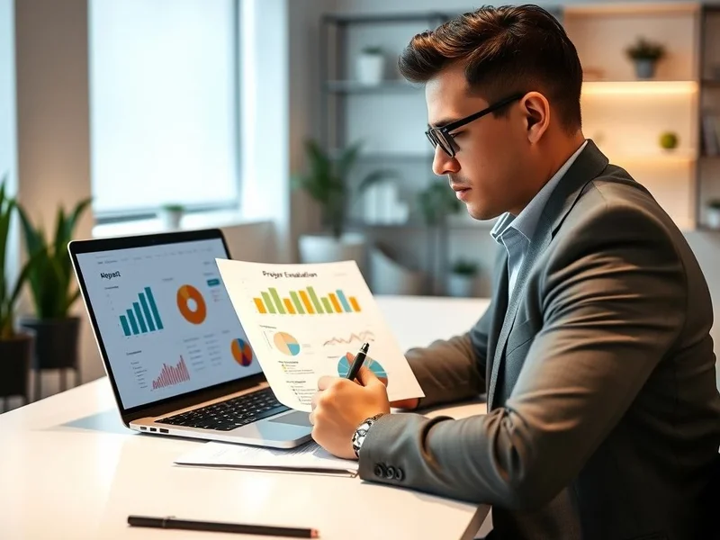 Um profissional analisando um Project Evaluation Report em um laptop