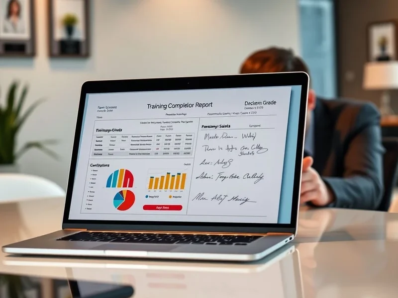 Imagen de un Training Completion Report siendo revisado en una laptop