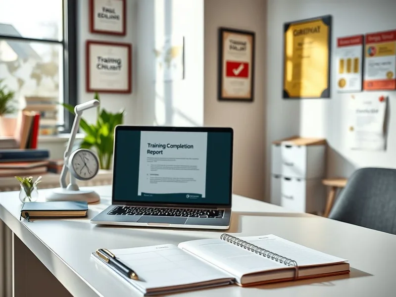 Afbeelding van een Training Completion Report dat op een laptop wordt beoordeeld