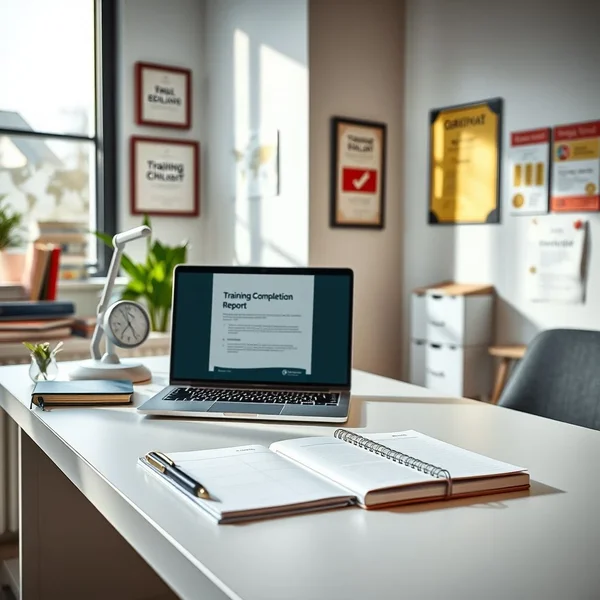 Afbeelding van een Training Completion Report dat op een laptop wordt beoordeeld