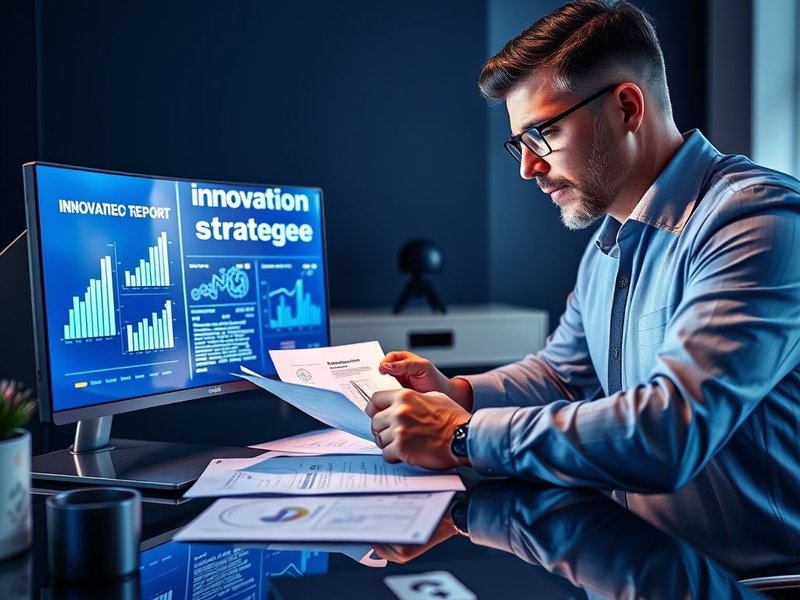 Bir kişinin bir mavi baskıya veya strateji dokümanına baktığını gösteren, üzerine "Innovation Strategy Report" başlığının eklenmiş olduğu bir görsel.