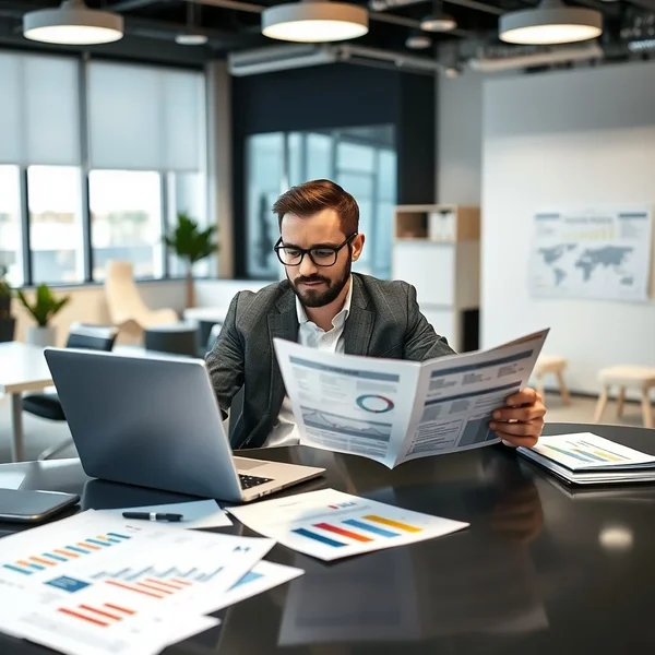 Un professionnel analysant un Project Evaluation Report sur un ordinateur portable