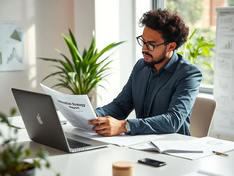 Image d'une personne étudiant un plan ou un document stratégique, avec le titre "Innovation Strategy Report" superposé.