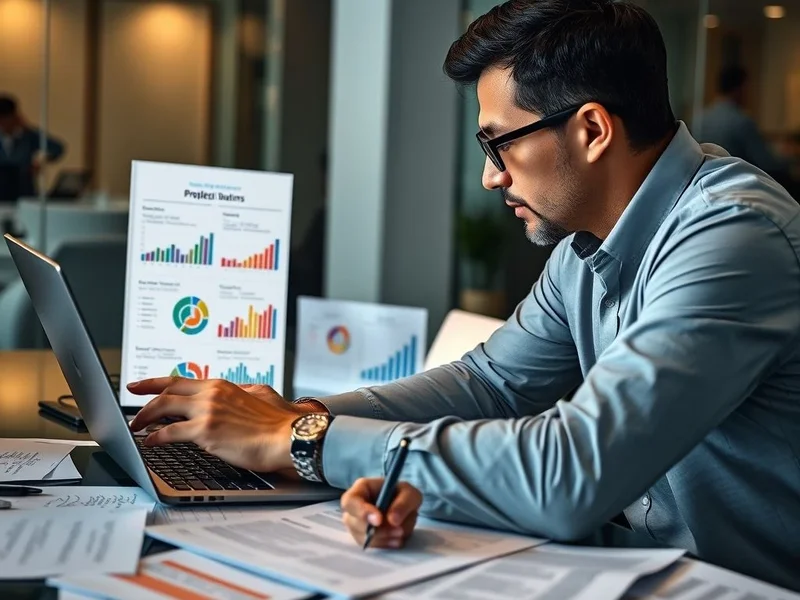 Seorang profesional menganalisis Project Evaluation Report di laptop