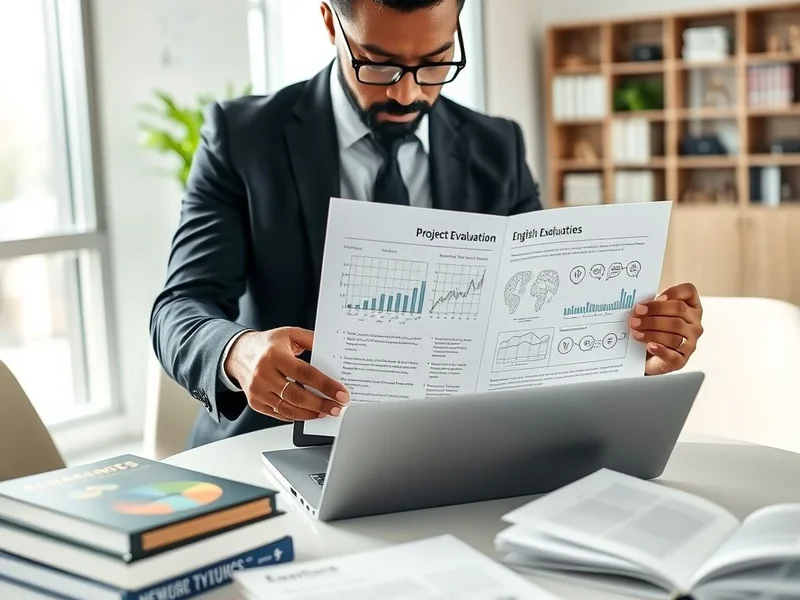 Профессионал анализирует Project Evaluation Report на ноутбуке