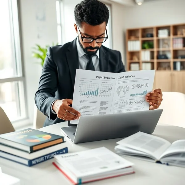 Профессионал анализирует Project Evaluation Report на ноутбуке