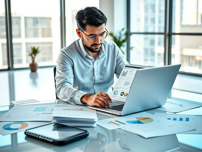 Un professionista che analizza un Project Evaluation Report su un laptop