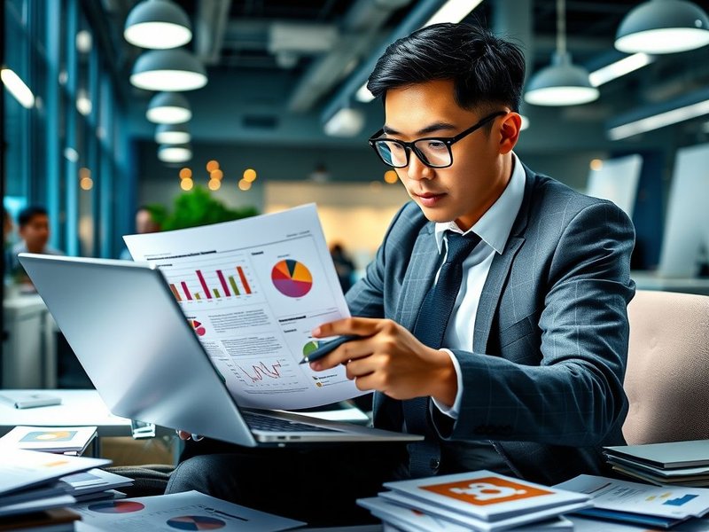 Một chuyên gia đang phân tích Project Evaluation Report trên máy tính xách tay