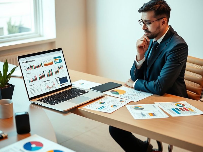 A professional analyzing a Project Evaluation Report on a laptop