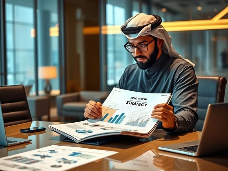 صورة لشخص ينظر إلى مخطط أو وثيقة استراتيجية، مع العنوان "Innovation Strategy Report" مكتوب عليها.