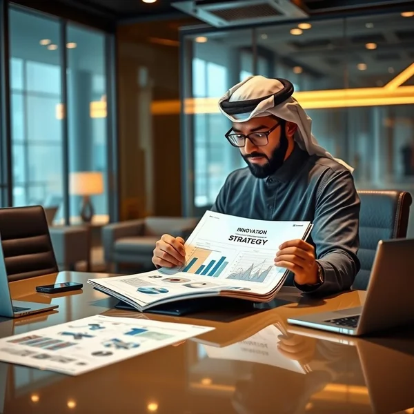 صورة لشخص ينظر إلى مخطط أو وثيقة استراتيجية، مع العنوان "Innovation Strategy Report" مكتوب عليها.