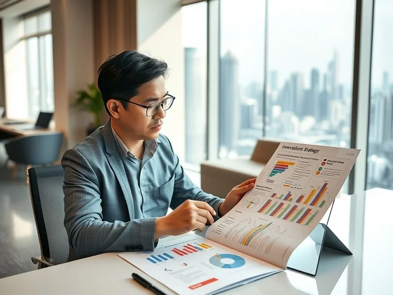 Image of a person looking at a blueprint or strategy document, with the title "Innovation Strategy Report" superimposed on it.