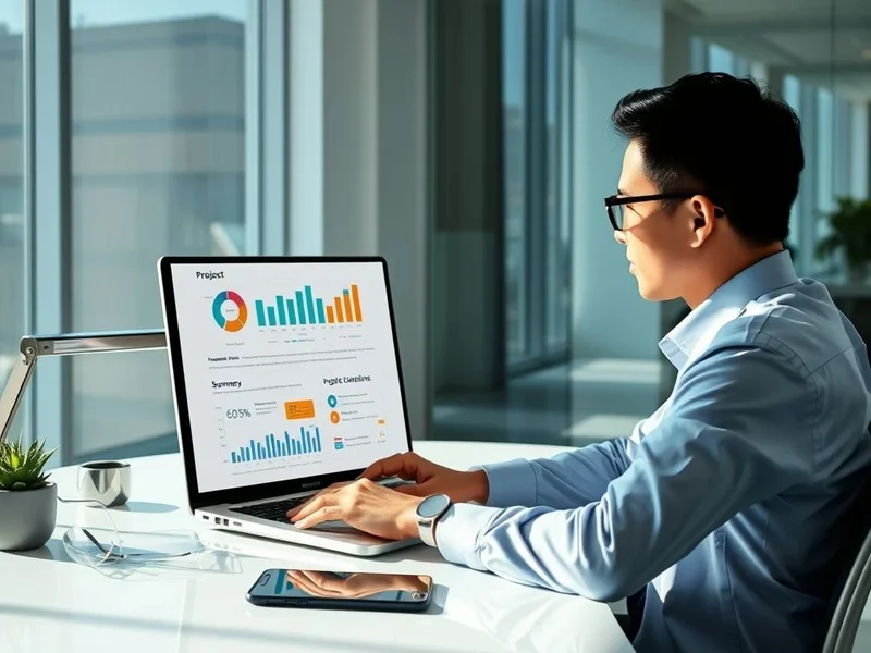 A professional analyzing a Project Evaluation Report on a laptop