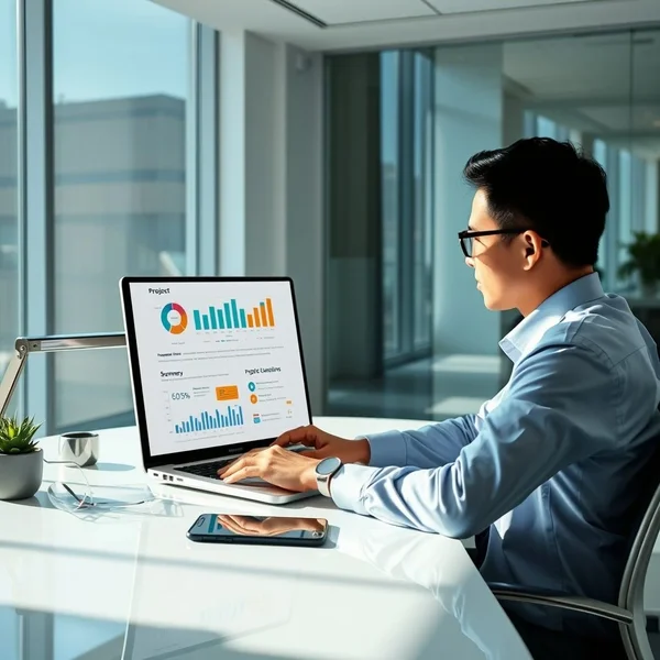 A professional analyzing a Project Evaluation Report on a laptop
