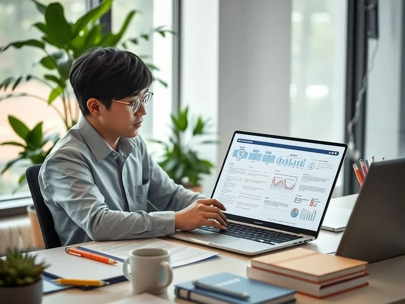 A professional analyzing a Project Evaluation Report on a laptop