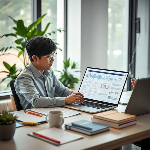 A professional analyzing a Project Evaluation Report on a laptop