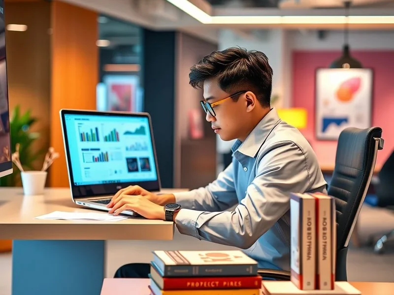 A professional analyzing a Project Evaluation Report on a laptop