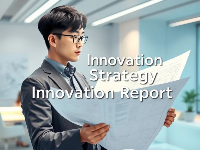 청사진이나 전략 문서를 바라보는 사람의 이미지, 그 위에 "Innovation Strategy Report"라는 제목이 겹쳐진 모습.