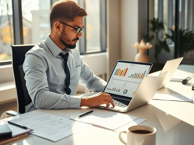 A professional analyzing a Project Evaluation Report on a laptop