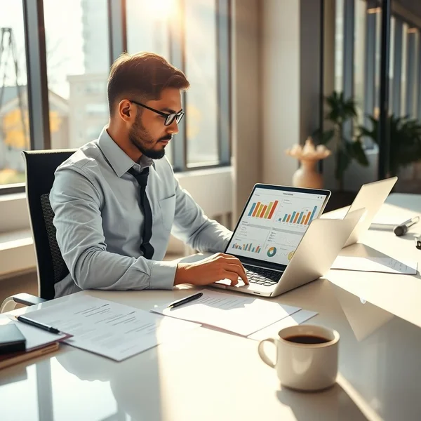 A professional analyzing a Project Evaluation Report on a laptop