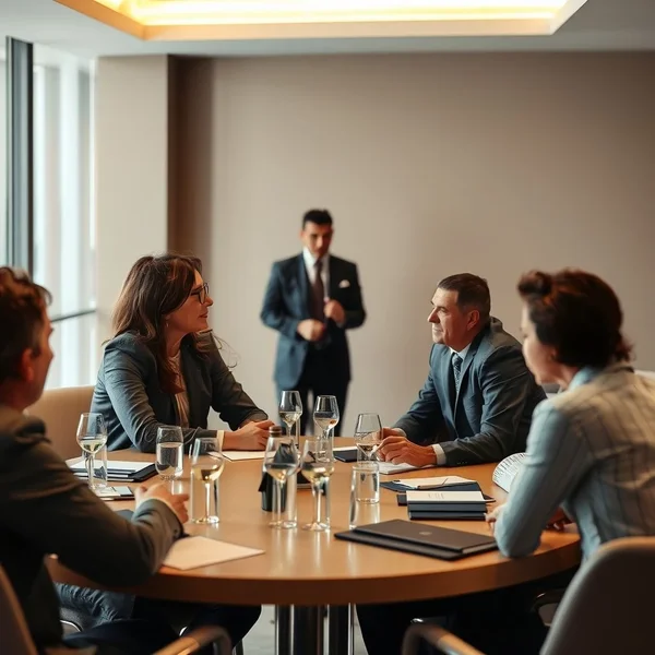 Imagem de uma reunião de negócios com um relatório de Perfil da Empresa na mesa, simbolizando comunicação profissional.