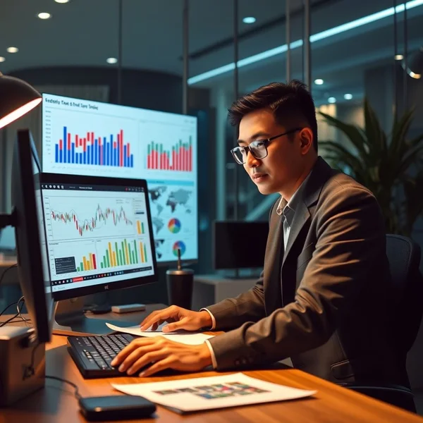 Gambar seseorang menganalisis grafik, berjudul Industry Trends Report