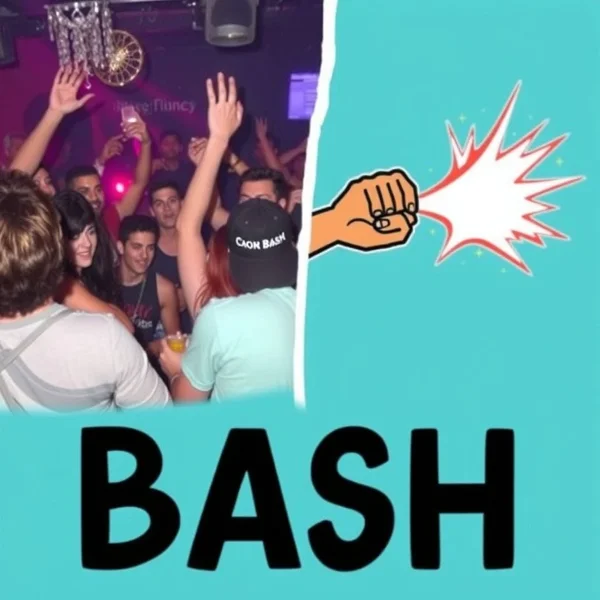 Adegan pesta meriah yang menggambarkan kata slang "Bash"