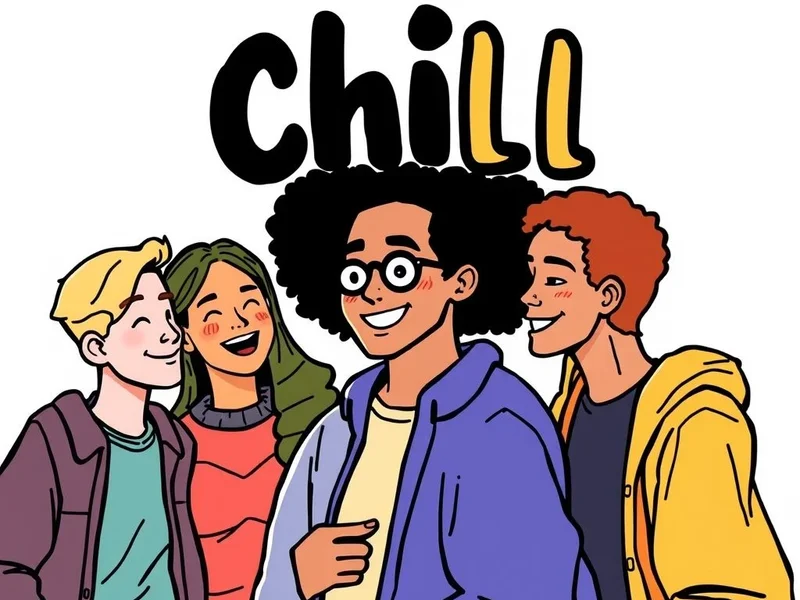 リラックスしている人々の画像、「Understanding the slang word Chill」というテキスト付き