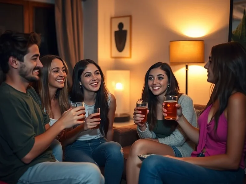 Gambar yang menunjukkan teman-teman sedang pre-drinks di rumah