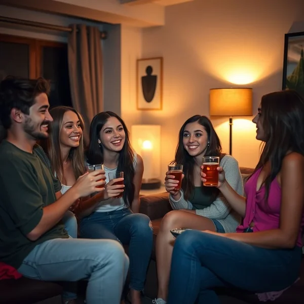 Gambar yang menunjukkan teman-teman sedang pre-drinks di rumah