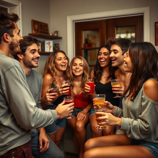 自宅でPre-drinksを楽しむ友達の画像