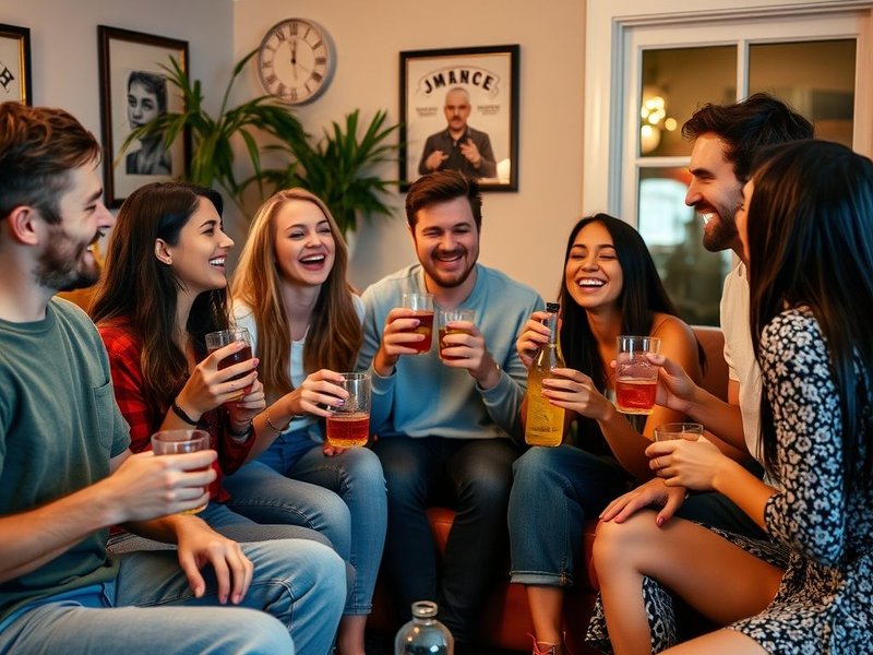 친구들이 집에서 pre-drinks를 즐기는 모습을 보여주는 이미지